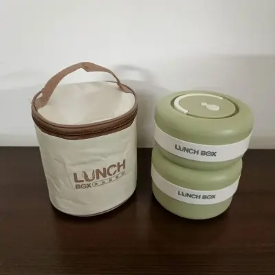 2 Piece New Stainless Steel Green Lunch Box With Foil Bag