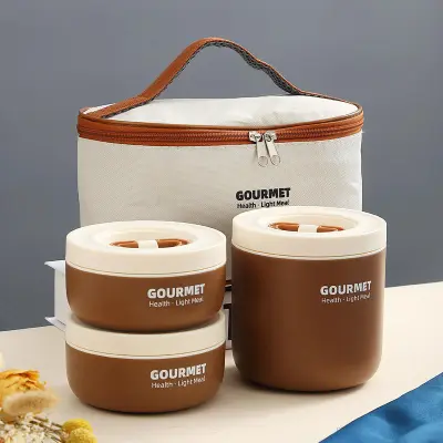 3 Piece Brown Gourmet Stainless Steel Lunch Box With Bag