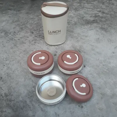 3 Piece New Stainless Steel Brown Lunch Box With Foil Bag secondary