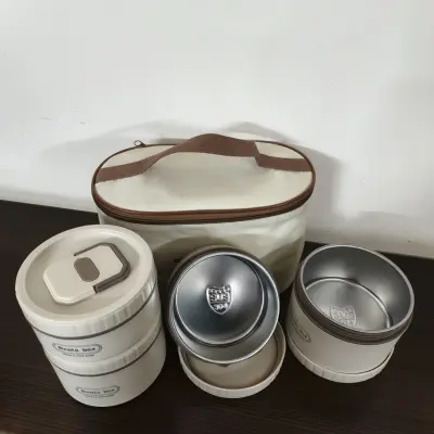4 Piece Stainless Steel Cream Lunch Box With Foil Bag secondary