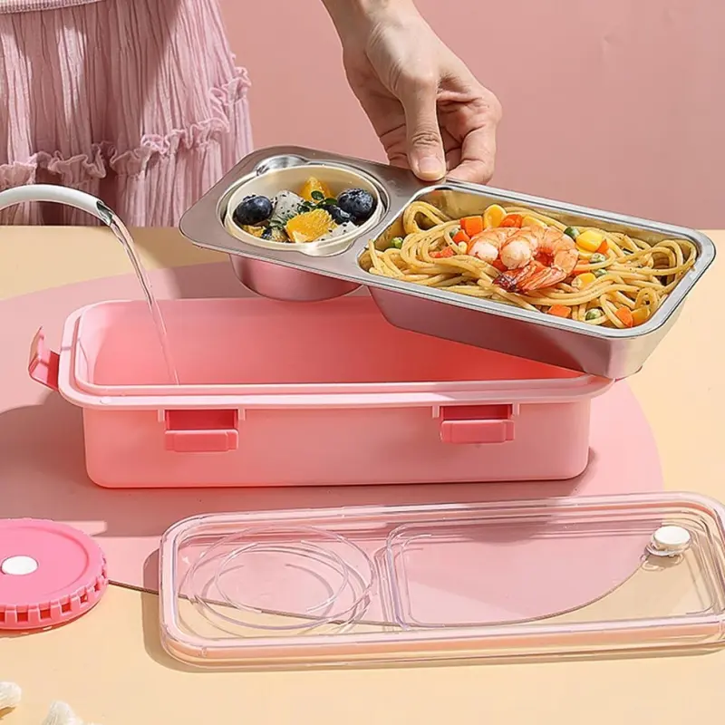 2 Compartments Stainless Steel Lunch Box With Sauce Pot
