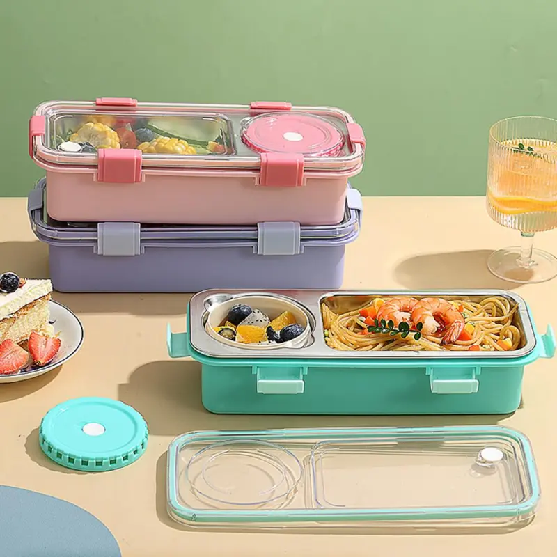 2 Compartments Stainless Steel Lunch Box With Sauce Pot