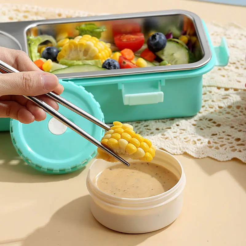 2 Compartments Stainless Steel Lunch Box With Sauce Pot