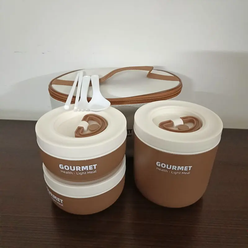 3 Piece Brown Gourmet Stainless Steel Lunch Box With Bag