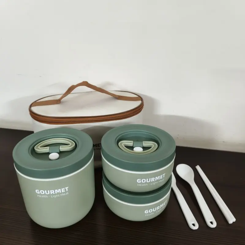 3 Piece Green Gourmet Stainless Steel Lunch Box With Bag
