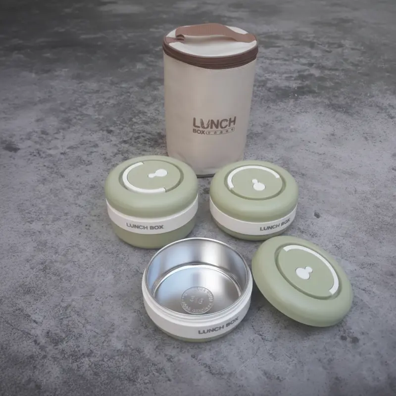 3 Piece New Stainless Steel Green Lunch Box With Foil Bag