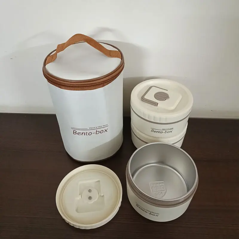 3 Piece Stainless Steel Cream Lunch Box With Foil Bag